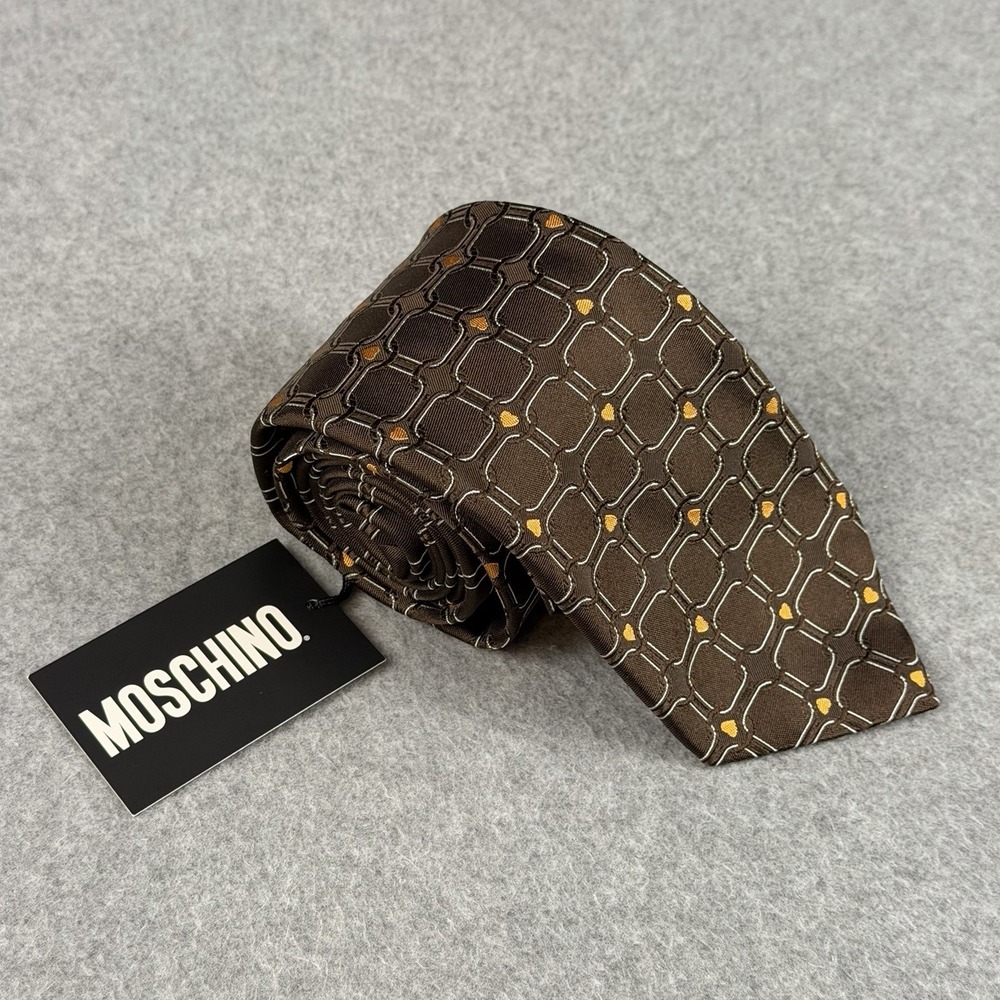 Moschino Silk Tie NIB Brown Orange Hearts Geometric Made Italy Designer 56x3.25"